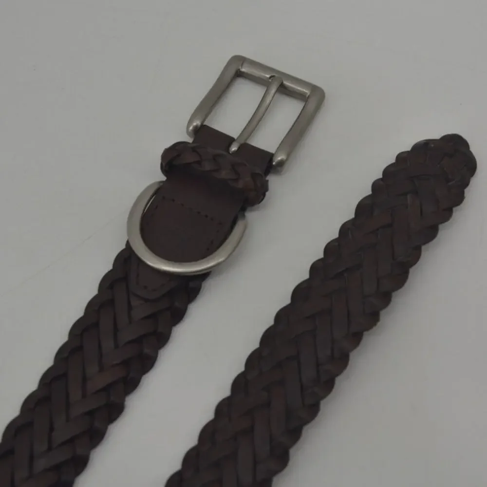 CRL Brown Leather Braided Weaved Men's Belt Silver Size 38
